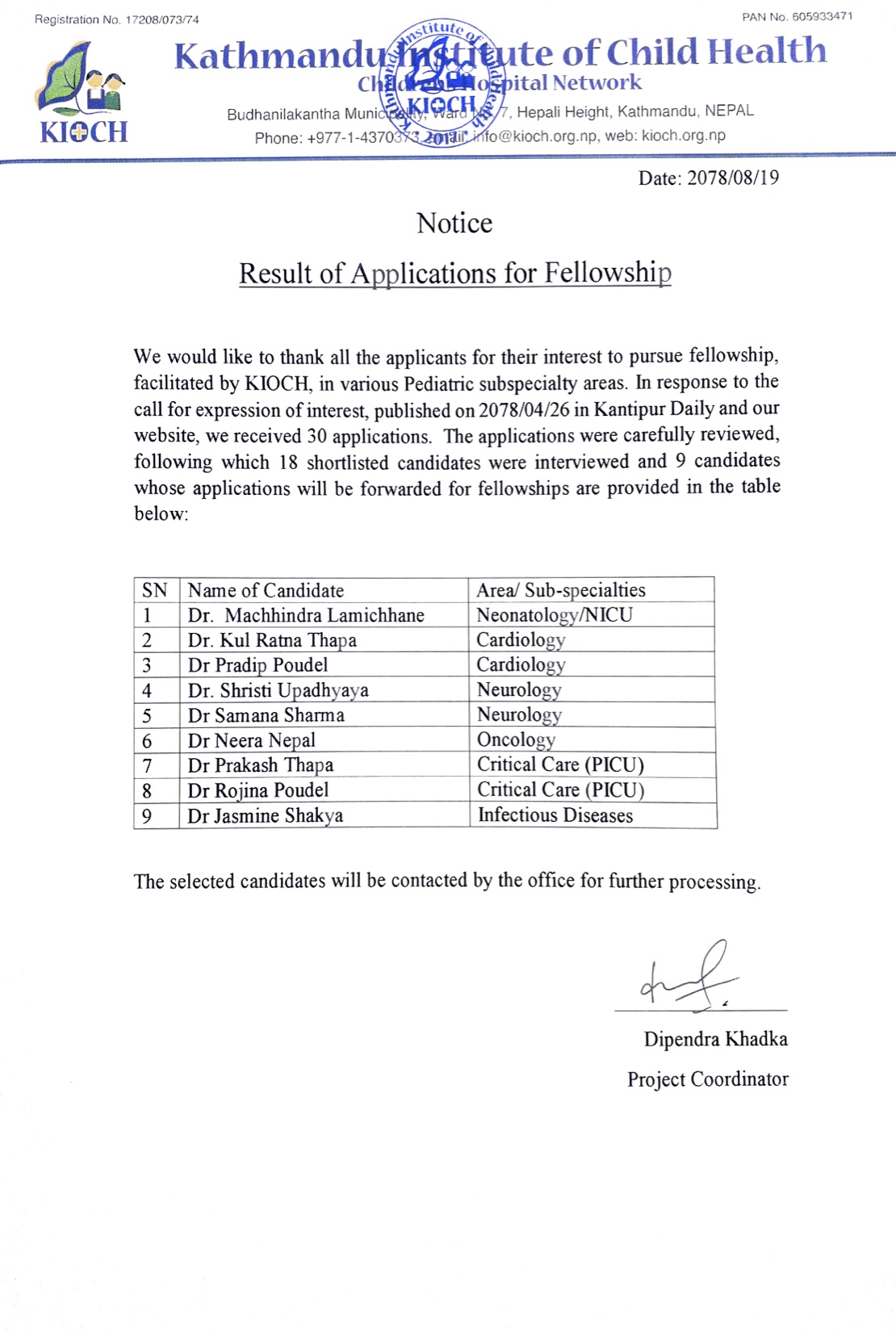 Result of Applications for Fellowship 